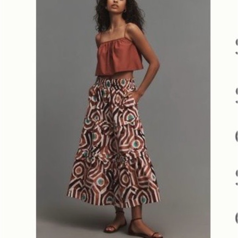 Anthropologie The Somerset Maxi Skirt Brown Geometric Tiered